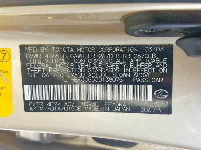 JTHBF30G530138075 - 2003 LEXUS ES 300 GOLD photo 10