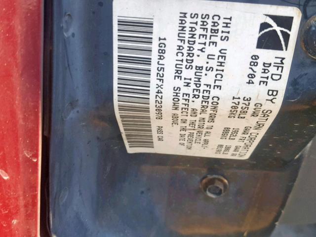 1G8AJ52FX4Z230978 - 2004 SATURN ION LEVEL MAROON photo 10