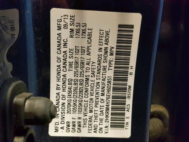 2HKRM4H76EH605851 - 2014 HONDA CR-V EXL BLUE photo 10