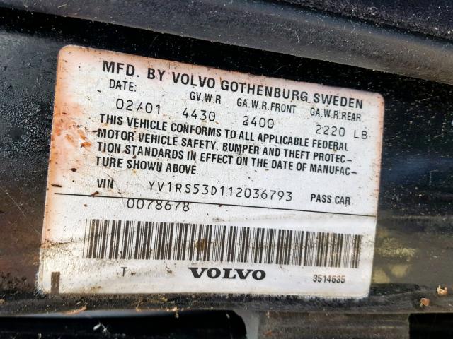 YV1RS53D112036793 - 2001 VOLVO S60 T5 BLACK photo 10