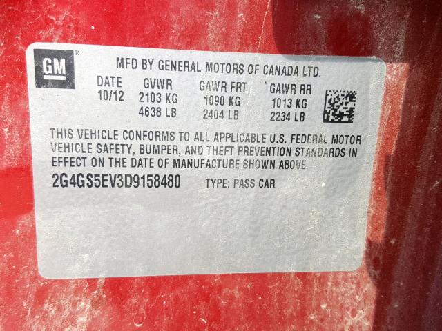 2G4GS5EV3D9158480 - 2013 BUICK REGAL PREM RED photo 10