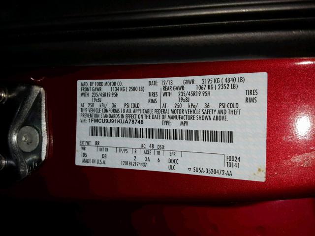 1FMCU9J91KUA78748 - 2019 FORD ESCAPE TIT RED photo 10