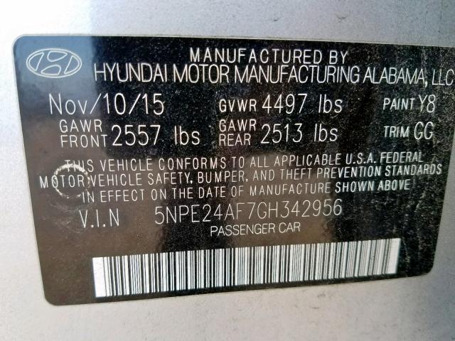 5NPE24AF7GH342956 - 2016 HYUNDAI SONATA SE SILVER photo 10