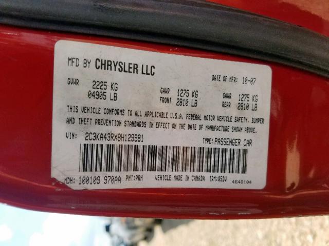 2C3KA43RX8H129981 - 2008 CHRYSLER 300 LX RED photo 10