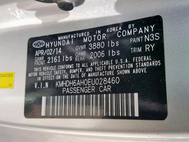 KMHDH6AH0EU028460 - 2014 HYUNDAI ELANTRA CO SILVER photo 10