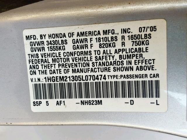 1HGEM21305L070474 - 2005 HONDA CIVIC DX V SILVER photo 10