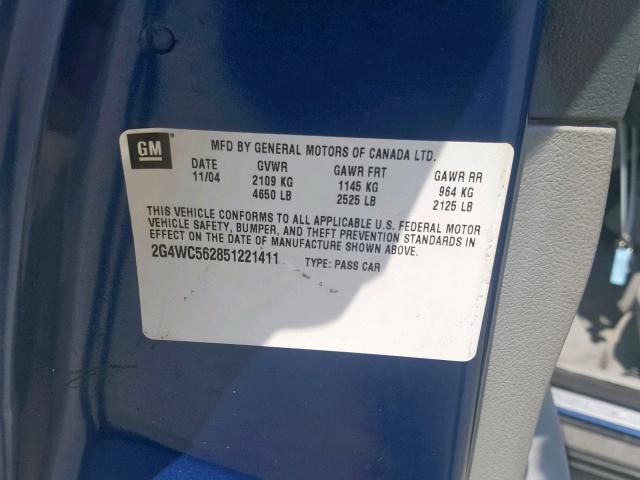 2G4WC562851221411 - 2005 BUICK LACROSSE C BLUE photo 10