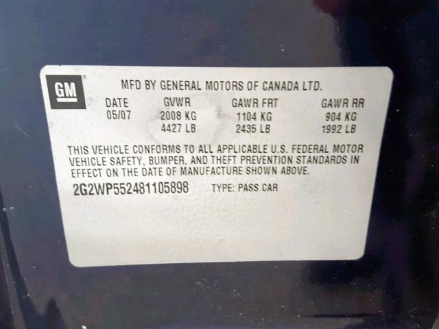 2G2WP552481105898 - 2008 PONTIAC GRAND PRIX BLUE photo 10