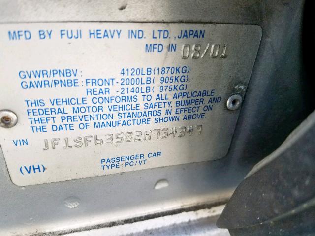 JF1SF63582H734347 - 2002 SUBARU FORESTER L SILVER photo 10