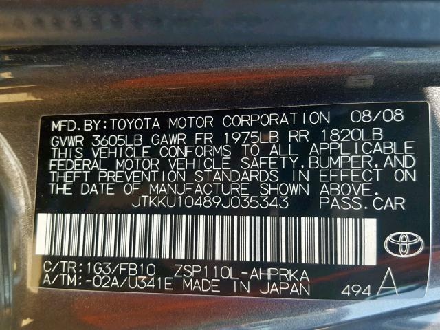 JTKKU10489J035343 - 2009 TOYOTA SCION XD GRAY photo 10