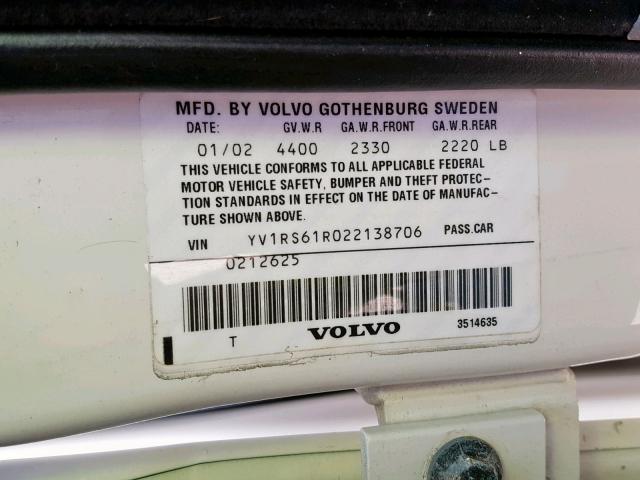 YV1RS61R022138706 - 2002 VOLVO S60 WHITE photo 10