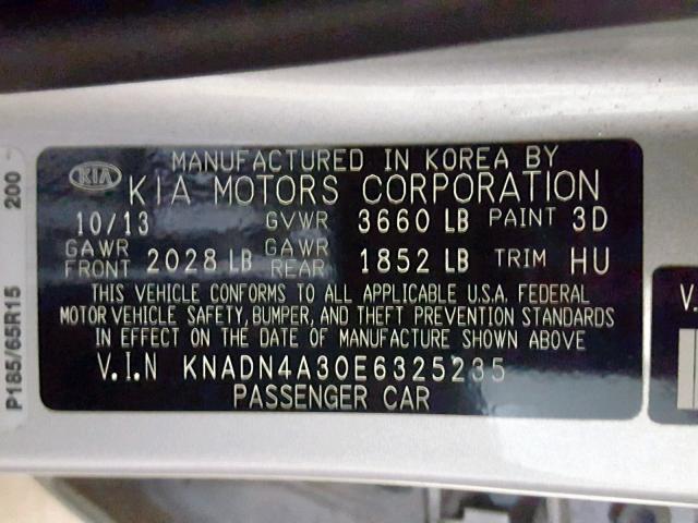 KNADN4A30E6325235 - 2014 KIA RIO EX SILVER photo 10