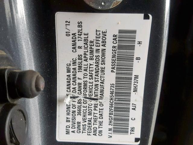 2HGFB2F66CH546735 - 2012 HONDA CIVIC HF GRAY photo 10