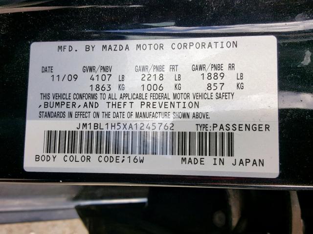 JM1BL1H5XA1245762 - 2010 MAZDA 3 S BLACK photo 10