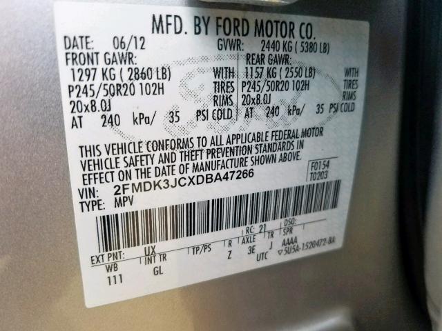 2FMDK3JCXDBA47266 - 2013 FORD EDGE SEL SILVER photo 10