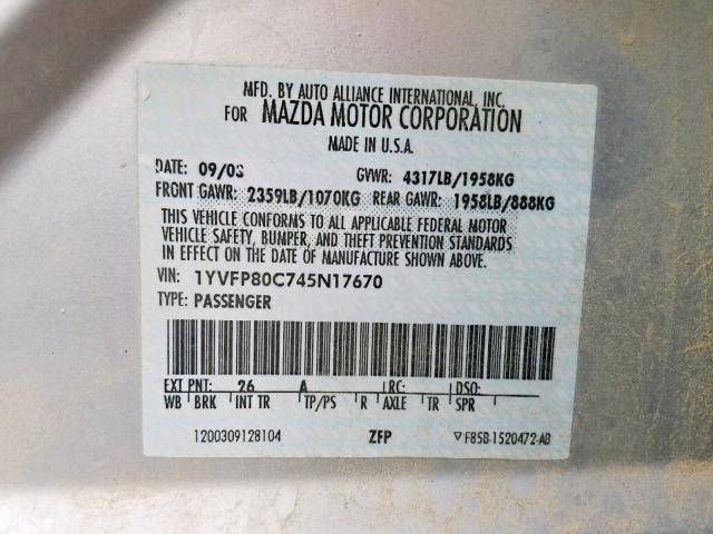 1YVFP80C745N17670 - 2004 MAZDA 6 I SILVER photo 10