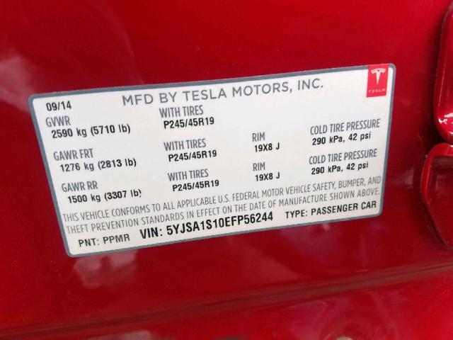 5YJSA1S10EFP56244 - 2014 TESLA MODEL S წითელი ფოტო 10