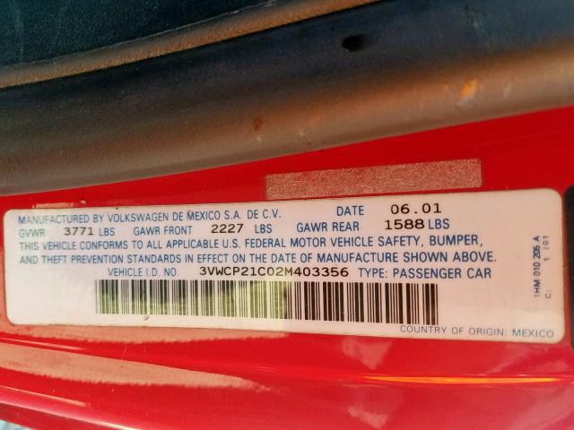 3VWCP21C02M403356 - 2002 VOLKSWAGEN NEW BEETLE წითელი ფოტო 10