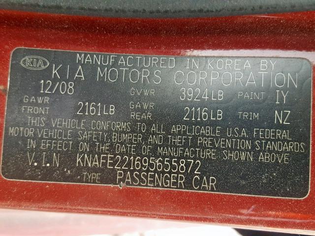 KNAFE221695655872 - 2009 KIA SPECTRA EX BURGUNDY photo 10