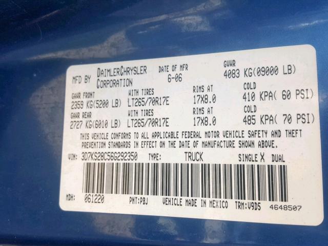 3D7KS28C56G292350 - 2006 DODGE RAM 2500 S ორფეროვანი ფოტო 10