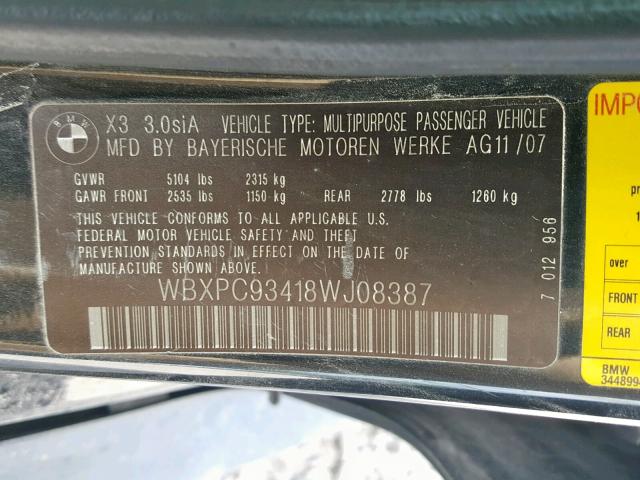 WBXPC93418WJ08387 - 2008 BMW X3 3.0SI BLACK photo 10