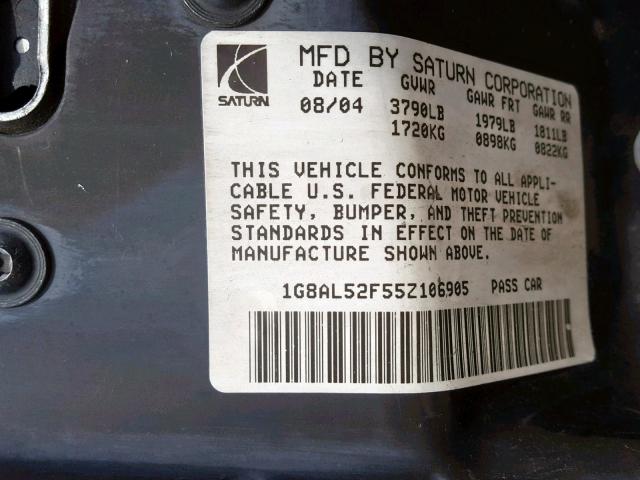 1G8AL52F55Z106905 - 2005 SATURN ION LEVEL SILVER photo 10