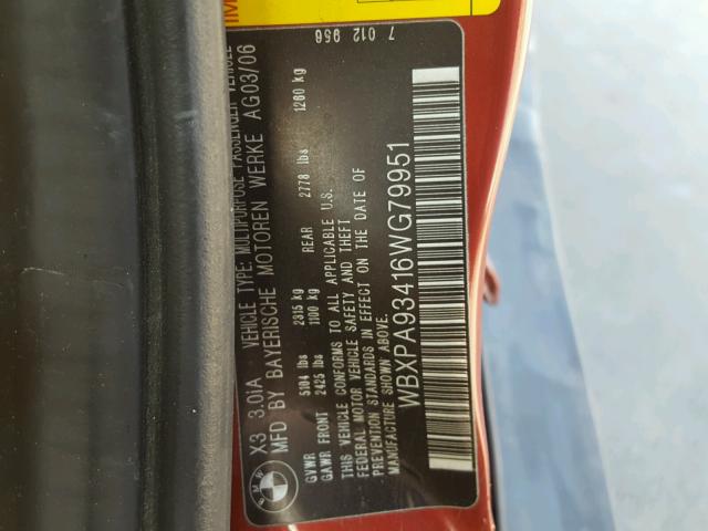 WBXPA93416WG79951 - 2006 BMW X3 3.0I RED photo 10