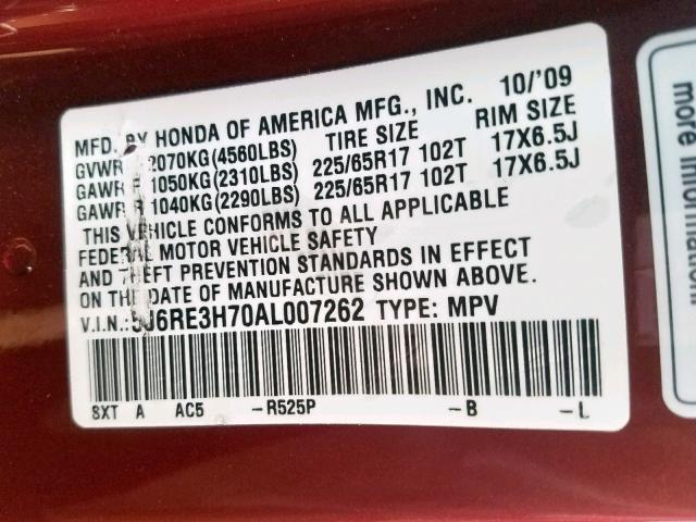 5J6RE3H70AL007262 - 2010 HONDA CR-V EXL MAROON photo 10