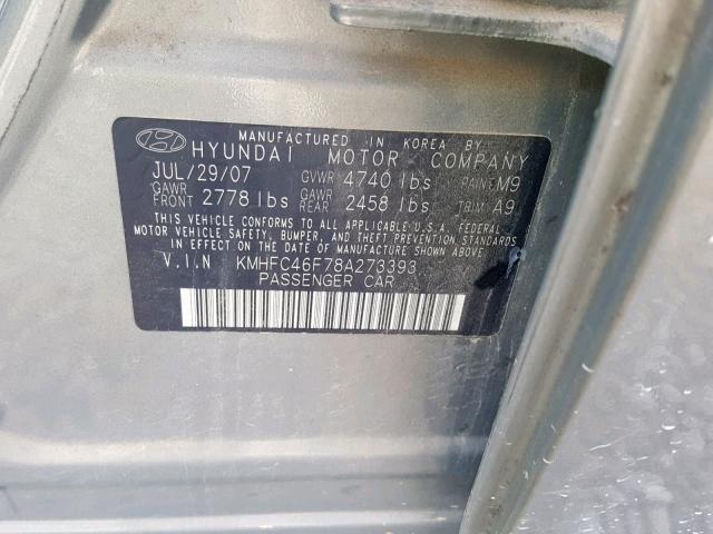 KMHFC46F78A273393 - 2008 HYUNDAI AZERA SE GRAY photo 10