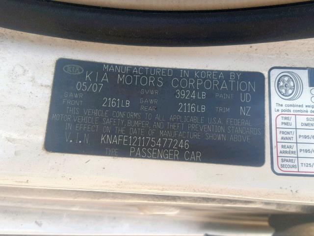 KNAFE121175477246 - 2007 KIA SPECTRA EX WHITE photo 10