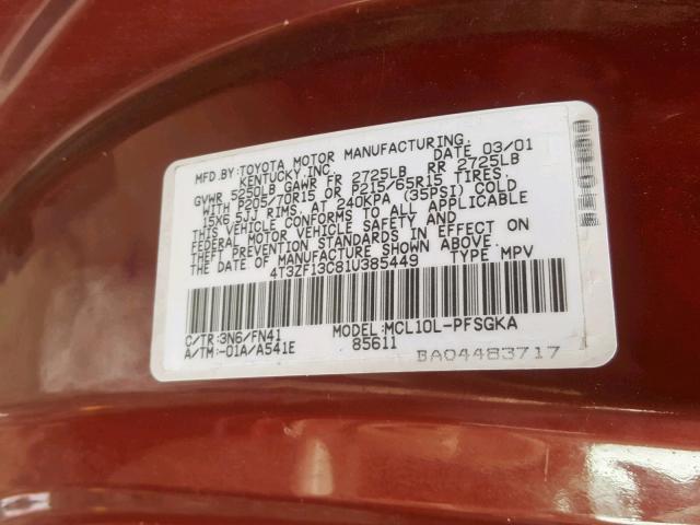 4T3ZF13C81U385449 - 2001 TOYOTA SIENNA LE RED photo 10