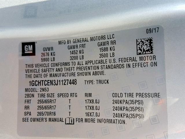 1GCHTCEN3J1127448 - 2018 CHEVROLET COLORADO L SILVER photo 10