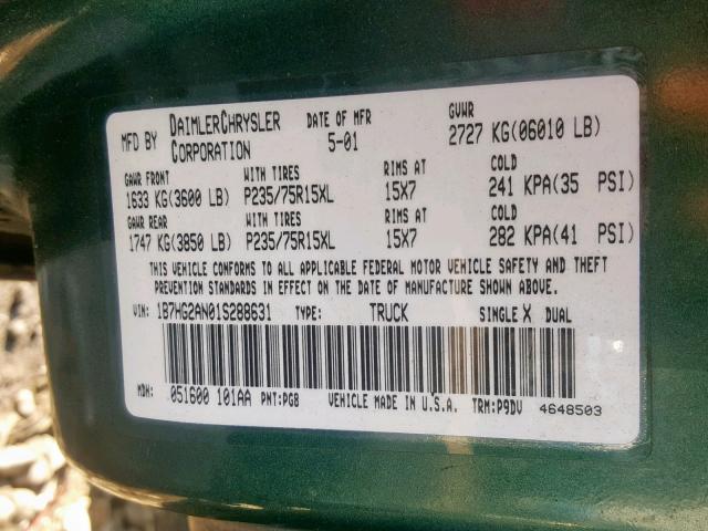 1B7HG2AN01S288631 - 2001 DODGE DAKOTA QUA GREEN photo 10