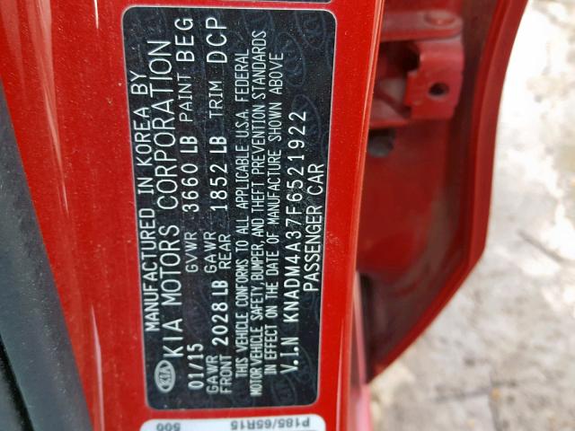 KNADM4A37F6521922 - 2015 KIA RIO LX RED photo 10