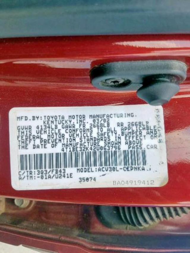 4T1BE32K42U063796 - 2002 TOYOTA CAMRY LE MAROON photo 10