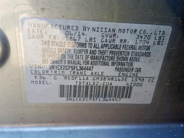 3N1CE2CP5FL364447 - 2015 NISSAN VERSA NOTE GRAY photo 10