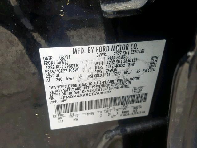 2FMDK4AK8CBA06419 - 2012 FORD EDGE SPORT BLACK photo 10