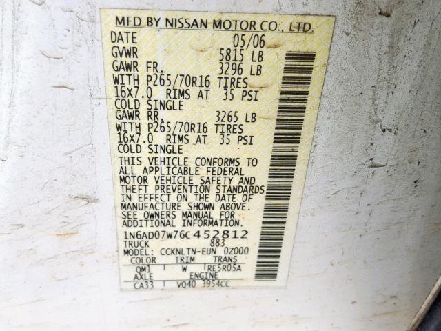 1N6AD07W76C452812 - 2006 NISSAN FRONTIER C WHITE photo 10