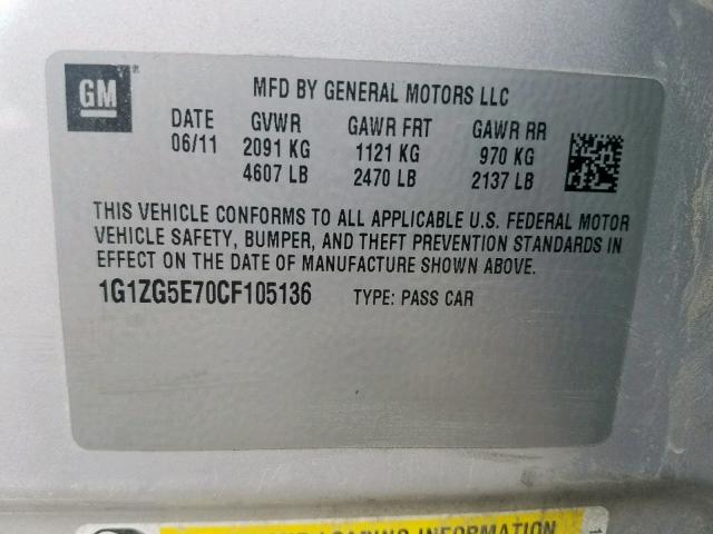 1G1ZG5E70CF105136 - 2012 CHEVROLET MALIBU LTZ ვერცხლისფერი ფოტო 10