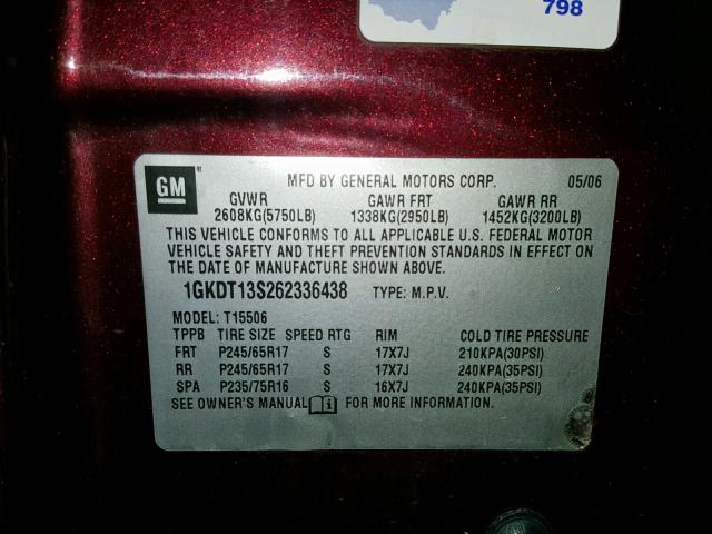 1GKDT13S262336438 - 2006 GMC ENVOY MAROON photo 10