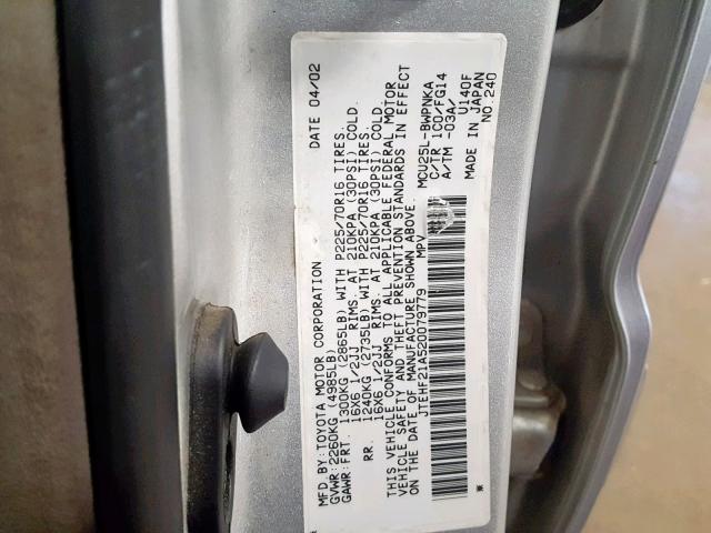 JTEHF21A520079779 - 2002 TOYOTA HIGHLANDER GRAY photo 10