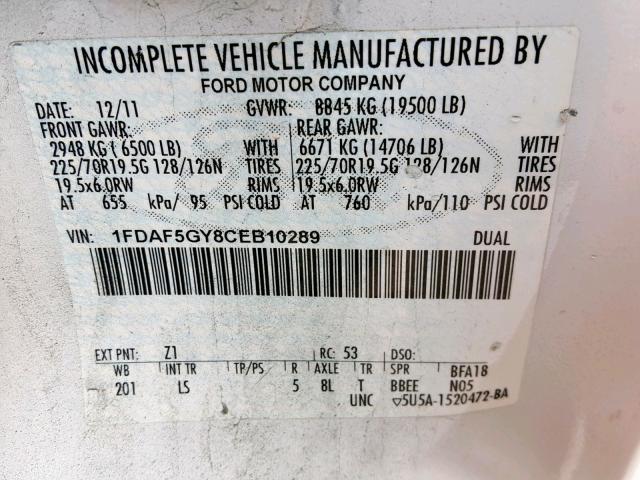 1FDAF5GY8CEB10289 - 2012 FORD F550 SUPER WHITE photo 10