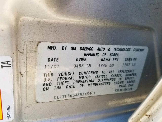 KL1TD56648B148461 - 2008 CHEVROLET AVEO BASE ვერცხლისფერი ფოტო 10