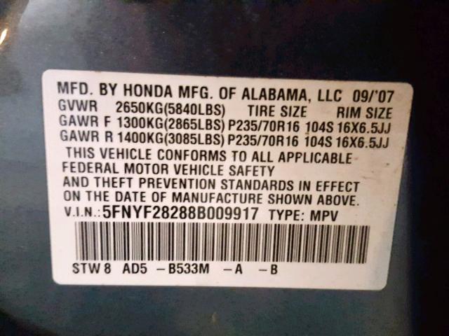 5FNYF28288B009917 - 2008 HONDA PILOT VP BLUE photo 10