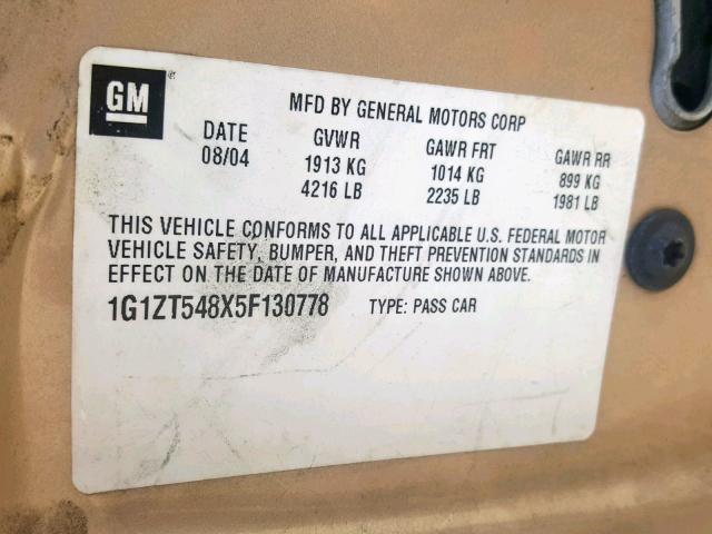 1G1ZT548X5F130778 - 2005 CHEVROLET MALIBU LS ოქროსფერი ფოტო 10