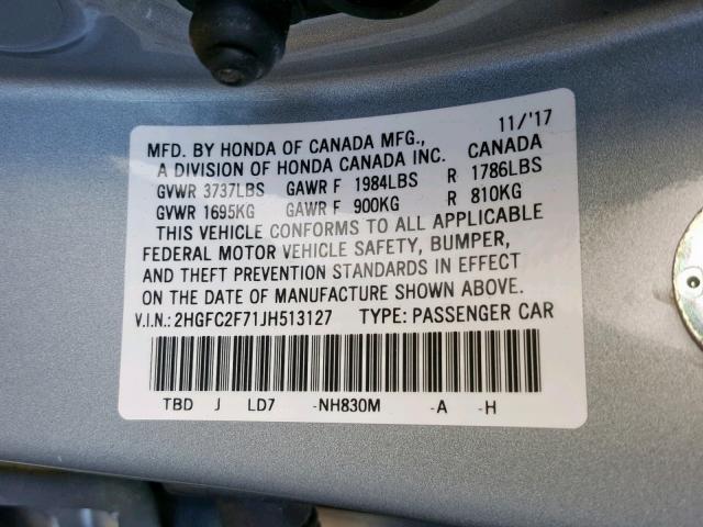 2HGFC2F71JH513127 - 2018 HONDA CIVIC EX SILVER photo 10