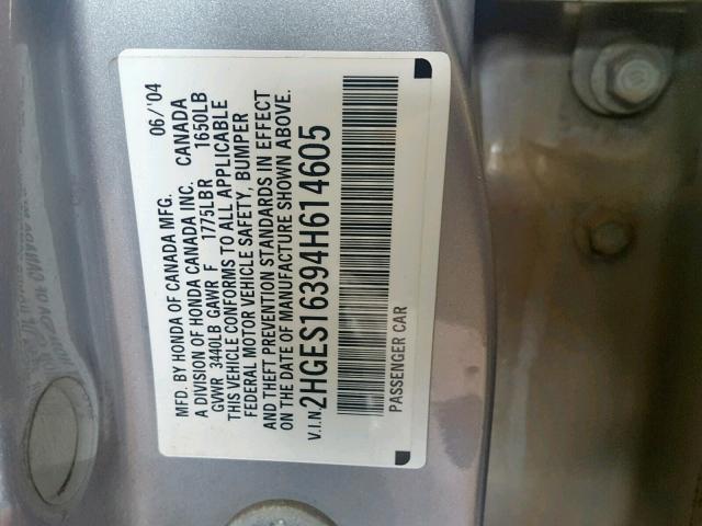 2HGES16394H614605 - 2004 HONDA CIVIC DX V SILVER photo 10