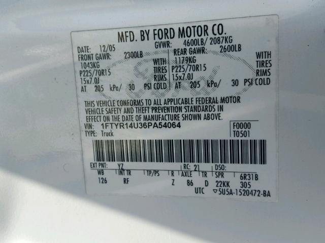 1FTYR14U36PA54064 - 2006 FORD RANGER SUP WHITE photo 10