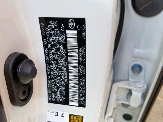 JTDKARFP1K3119594 - 2019 TOYOTA PRIUS PRIM 白色 照片 10