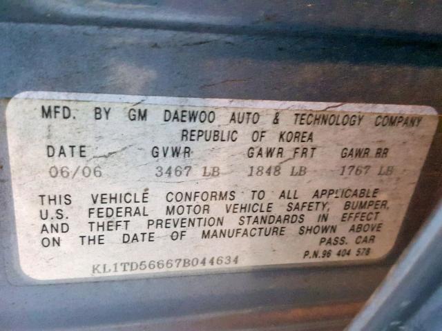 KL1TD56667B044634 - 2007 CHEVROLET AVEO BASE ლურჯი ფოტო 10